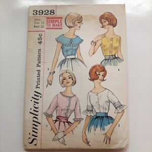 VTG 60 's SIMPLICITY BLOUSE PATTERN # 3928